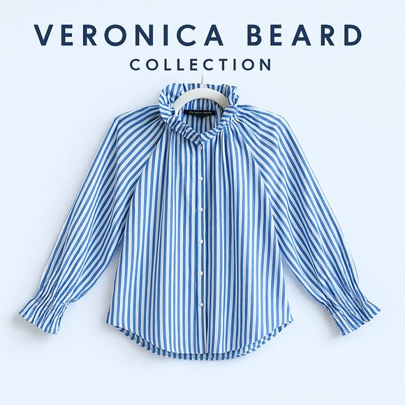 Veronica Beard Calisto Washed Blue White Ruffle Collar Button Revolve Shirt S - Picture 1 of 14